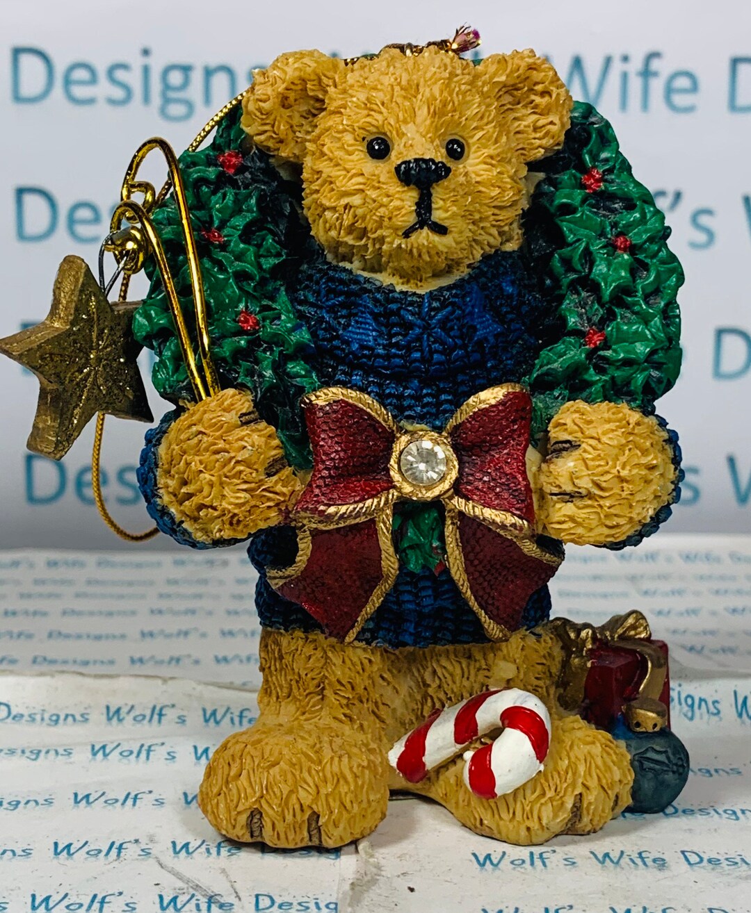 Christmas Bear Ornament With Wreath Star Candy Cane and Gifts Etsy