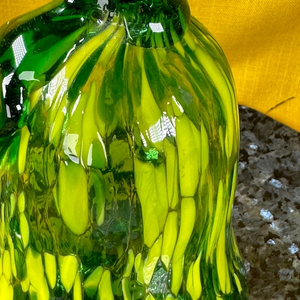 blown crackle glass sculpture of a pear or squah yellow and green has a rough edge of stem see photos