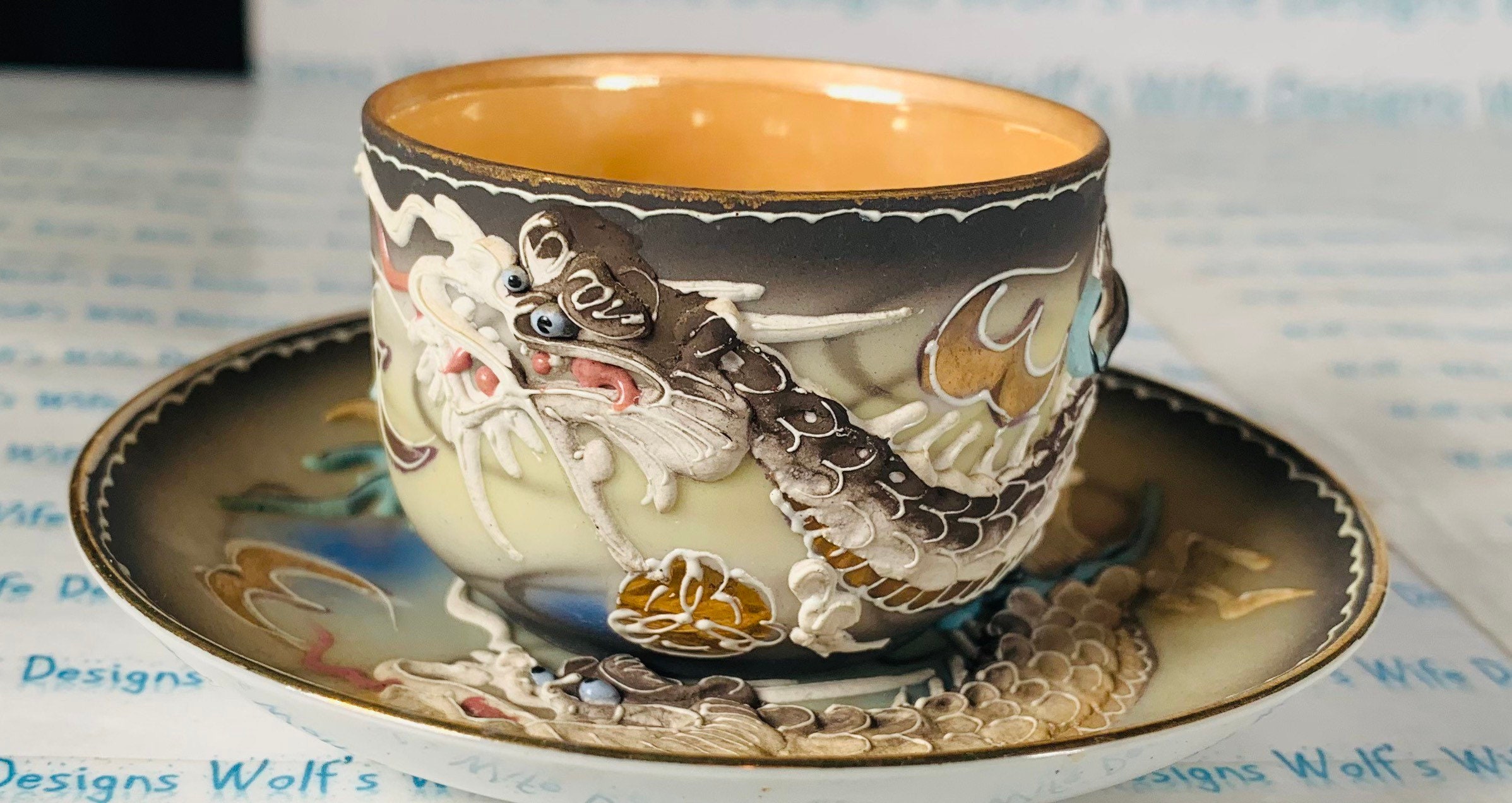 古着 ビンテージ 60s 70s 美品 レザー チャップ キョンシー 1920s Japonisem Dragonwear Moriage Tea Cup and Saucer Beautiful
