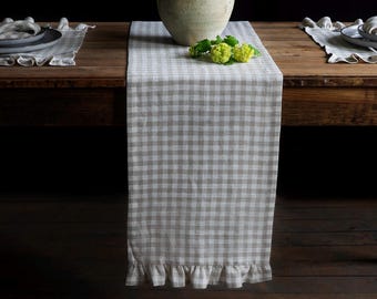 Linen Gingham Table Runner with Ruffles + Placemats – Farmhouse Table Set, Country Style Decor, Handmade 100% Linen