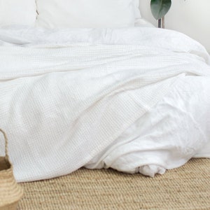 WAFFLE LINEN COVERLET in White. Stonewashed Linen bed cover. Natural linen waffle throw blanket. Decorative waffle bedspread in milky white.