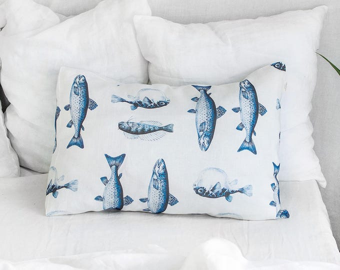 Fisherman Linen Pillowcase - Sea World Pillow Cover - Fish Market Euro Deco Pillow Cover - Underwater Sham Cover - Seafood Cushion Cover