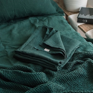 LINEN FLAT SHEET in Jungle Green. King, Queen, Twin, Full, Double sizes. Premium stonewashed linen. Dark forest green linen top sheet