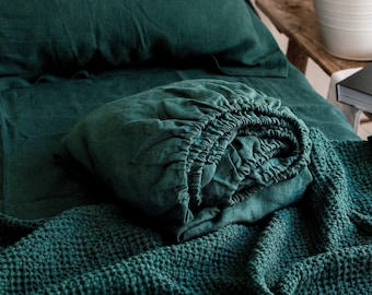 Linen Fitted Sheet in Jungle Green. Washed linen sheet in King, Queen, Twin, Full, Double sizes. Soft linen sheet in dark forest green color