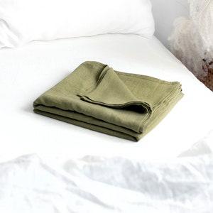 Linen Flat Sheet in Olive Green. King, Queen, Twin, Full, Double, Standard sizes. Premium stonewashed linen. Olive Green Linen Top Sheet