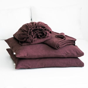 Linen Sheet Set in Burgundy. Fitted Sheet, Flat Sheet & 2 Pillowcases. King, Queen, Twin, Full, Double, Standard. Ruby Red Linen Bedding