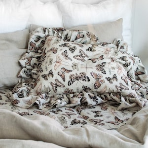 Butterfly Linen Sham with Ruffles, French Frilled Insects Pillowcase, Vintage Forest Pillowcase with Ruffles, Botanical Shabby Chic Decor