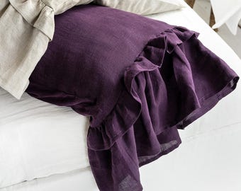 Linen Pillowcase with Double Ruffle - French Style, Shabby Chich Sham with Fringe
