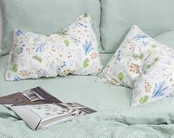 Linen Pillowcase with Flower Print. Unique Botanical Watercolor Floral Print. Standard, Queen, King, Body, Euro sham, Deco Pillow Cover.