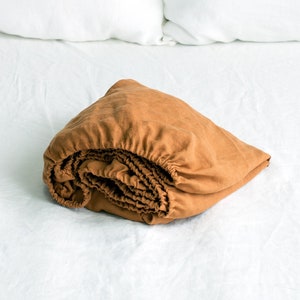 CINNAMON LINEN FITTED Sheet. Soft linen sheet in King, Queen, Twin, Full, Double sizes. Premium stonewashed terracotta rust color linen.