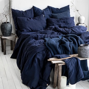 Linen Bedding Set in Midnight Blue, 2 Pillowcases & Duvet Cover Set, King Queen Twin Full Double Single Washed Soft Dark Navy Bedding Set