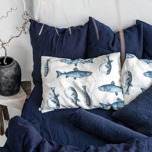 Fisherman Linen Pillowcase - Sea World Pillow Cover - Fish Market Euro Deco Pillow Cover - Underwater Sham Cover - Seafood Cushion Cover