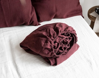 Linen Fitted Sheet in Burgundy. King, Queen, Twin, Full, Double sizes. Stonewashed Natural & Soft linen Fitted Sheet in Ruby Red