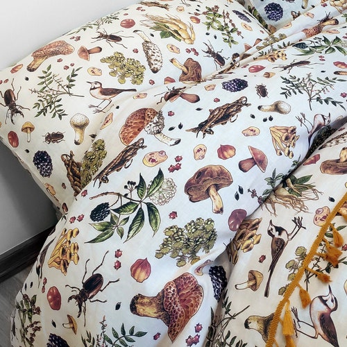 MUSHROOM LINEN DUVET Cover. Unique Vintage Mushroom Print Linen Fabric. King, Queen, Twin, Full, Double sizes. Natural Stonewashed Linen.