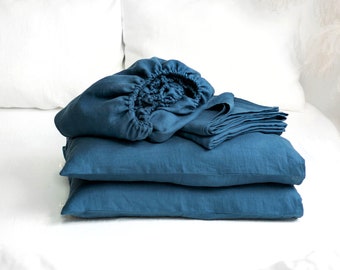 Linen Sheet Set in Lake Blue. Fitted Sheet, Flat Sheet & 2 Pillowcases. King, Queen, Twin, Full, Double, Standard. Blue Linen Bedding
