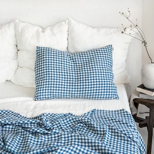 Blue Gingham Linen Pillowcase - Lake Blue Checked Linen Sham - King Queen Standard Euro Deco Body Pillow Cover - Blue Gingham Cushion Cover