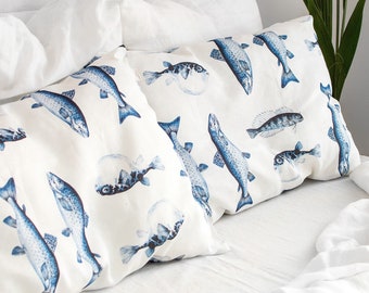 Fisherman Linen Pillowcase - Sea World Pillow Cover - Fish Market Euro Deco Pillow Cover - Underwater Sham Cover - Seafood Cushion Cover