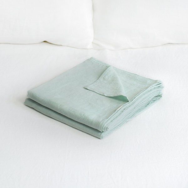 LINEN FLAT SHEET in Mint Green. King, Queen, Twin, Full, Double sizes. Premium stonewashed linen. Light green color linen.