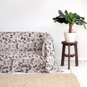 Butterfly Couch Cover, Linen Sofa Cover, Botanical Linen Couch Cover, Insects Sofa Cover
