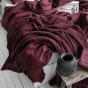 BURGUNDY LINEN WAFFLE Throw. Stonewashed Deep Ruby Linen Bed Throw Blanket in Soft Waffle Pattern. Natural Linen Waffle Red Throw Blanket