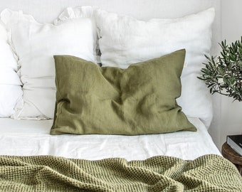 Linen Pillowcase in Olive Green. Linen Pillow Cover. Standard, Queen, King, Body, Lumbar, Euro sham, Deco, Throw Pillow, Custom size