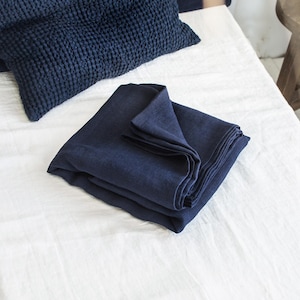 Linen Flat Sheet in Midnight Blue - Navy Blue Linen Bed Sheet - Dark Blue Farmhouse Top Sheet - Premium Royal Blue Washed Soft Linen Sheet