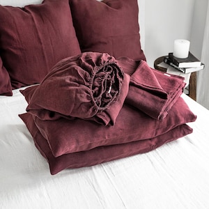 Linen Sheet Set in Burgundy. Fitted Sheet, Flat Sheet & 2 Pillowcases. King, Queen, Twin, Full, Double, Standard. Ruby Red Linen Bedding