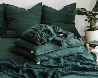 ENSEMBLE DE DRAPS EN LIN vert jungle. Drap-housse, drap plat, 2 taies d'oreiller : très grand lit, grand lit double, lits jumeaux, double, double. Draps en lin vert foncé