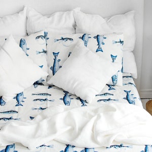 Fisherman Linen Fitted Sheet - Linen Sheet with Sea Fish - King Queen Full Double Twin Single sizes - Coastal Home Guestroom Decor