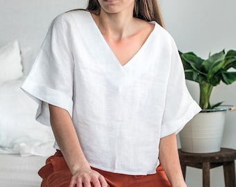 Crop top blouse SHEA Milky white - Straigth linen womens half sleeve top - Relaxed loose summer outfit - Spring V neck blouse