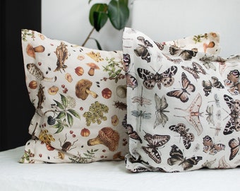 Linen Pillow Sham with Border - Oxford Linen Pillowcase - Decorative Bordered Linen Cover with Mushrooms, Insects, Butterflies, Flowers