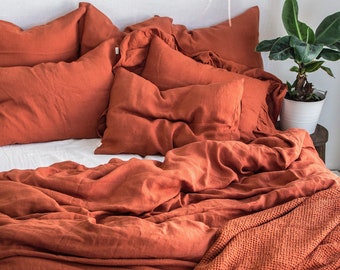 Terracotta Linen Bedding Set. King Queen Twin Full Double, Brick Clay Red Rust Color Washed Soft Linen bedding, 2 Pillowcases & Duvet Cover