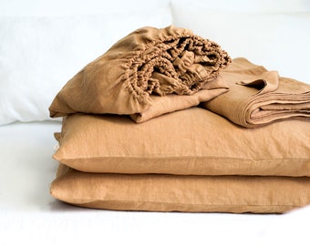 Peanut Butter Linen Sheet Set, 2 Pillowcases + Fitted & Flat Sheets set, King Queen Full Double Twin Organic Washed Soft Brown Bed Sheets