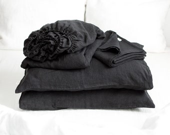 Linen Sheet Set in Space Black. Fitted Sheet, Flat Sheet & 2 Pillowcases. King, Queen, Twin, Full, Double, Standard. Black Linen Bedding