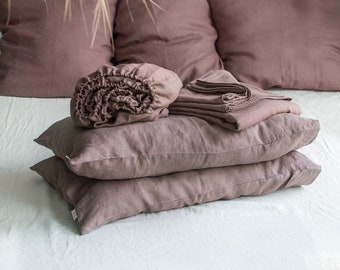Linen Sheet Set in Taupe Brown. Fitted Sheet, Flat Sheet & 2 Pillowcases in King, Queen, Twin, Full, Double size. Brown Grey Linen Bedding.