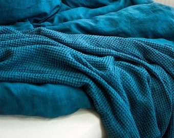 Waffle Blanket in Lake Blue. Extra Soft Waffle Throw Blanket. Linen-Cotton Waffle Bed Cover. Blue Waffle Coverlet