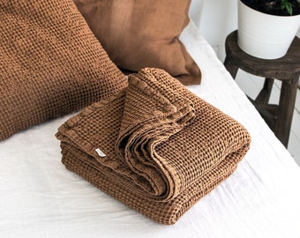 Waffle Blanket in Tobacco. Extra Soft Waffle Throw Blanket. Linen-Cotton Waffle Bed Cover. Brown Rustic Waffle Coverlet