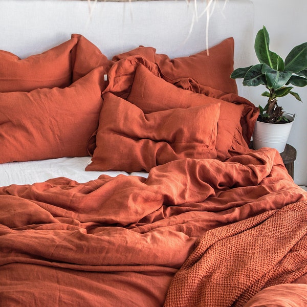 Terracotta Linen Bedding Set. King Queen Twin Full Double, Brick Clay Red Rust Color Washed Soft Linen bedding, 2 Pillowcases & Duvet Cover
