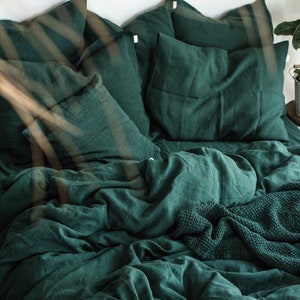 Linen Duvet Cover in Jungle Green. Natural Linen Duvet Cover in Dark Green. King, Queen, Twin, Full, Double sizes. Green Linen Bedding