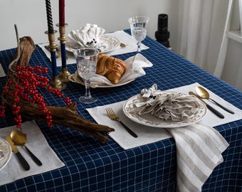 Linen Tablecloth in Navy Grid - Dark Blue Dinner Table Cover - Minimalistic Farmhouse Tablecloth