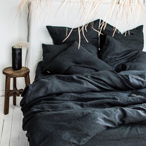 Linen Bedding Set in Space Black. 3 Piece Set in King, Queen, Twin, Full, Double sizes. Black Linen bedding set: 2 Pillowcases & Duvet Cover