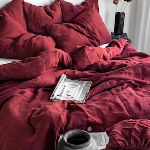 Juego de cama de lino color burdeos: funda nórdica y 2 fundas de almohada. Disponible en tamaños Cal King, Queen, Full, Double, Twin XL. Edredón rojo vino tinto intenso.
