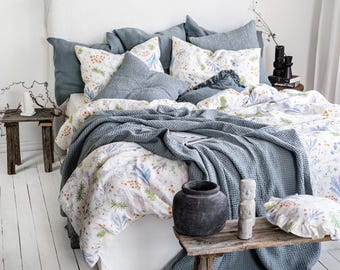 Linen Bedding set with Flowers - Duver cover & 2 pillocase set - Unique Botanic Floral Bedding - Watercolor Wild Flower Comforter set