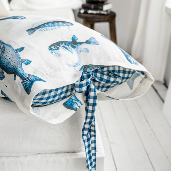 Fisherman Linen Pillowcase with Ribbon Tie - Blue Marine Fish Sham Cover with Bow Tie - Ocean Fish Print Pillow cover with Gingham Ribbon