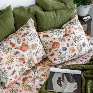 Mushroom Linen Sheet set - Fitted Sheet, Flat Sheet & 2 Pillowcases set - King Queen Full Double Washed Linen Sheets - Forest Print Bedlinen