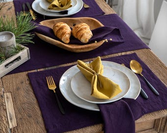 Linnen placemats met verstekhoeken – Handgemaakte linnen afwasmatten in pruim – Set borddoeken