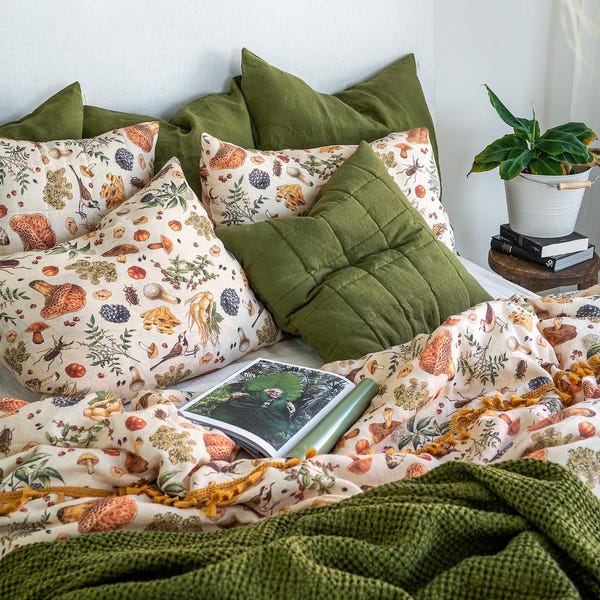 PILZ LEINEN BETTWÄSCHE. 3 teilige Bettwäschegarnitur. Einzigartiger Vintage Pilz Print Stoff. König, Königin, Zwilling, voll, doppelt. Forest Leinenbettwäsche Set