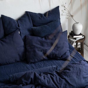 Linen Pillowcase in Midnight Blue. Standard, Queen, King, Body, Euro sham, Deco and Custom size Pillow Cover. Navy Blue Linen Pillowcase.