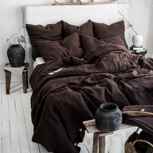 Leinenbettwäsche-Set in Schokolade - Bettbezug und 2 Kissenbezüge Set in König, Königin, Voll, Doppel, Zwilling - Erdbrauner Kaffee Leinenbettwäsche-Set