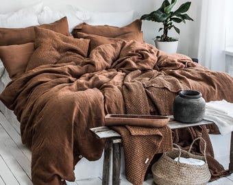 Linen Bedding Set in Tobacco. Duvet Cover and 2 pillowcases set. King, Queen, Twin, Full, Double, Single size. Tobacco Brown Linen bedding